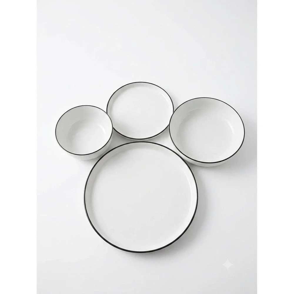 Sur La Table White Porcelain Dinnerware Set Black Rim 4 Piece Place Setting